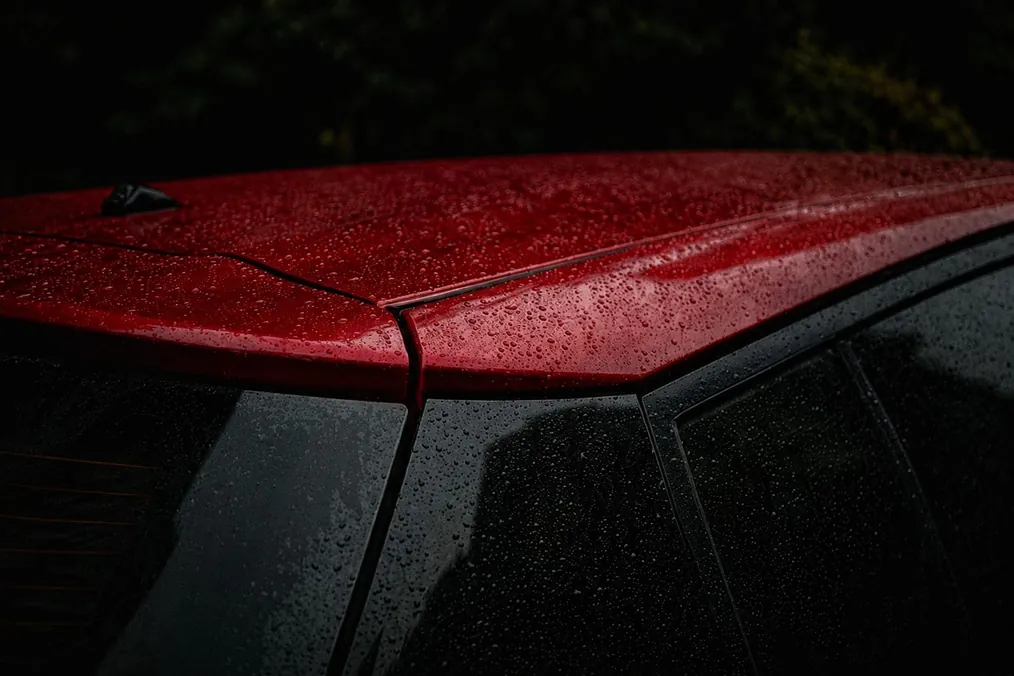 Water beading on a dark ceramic-coated panel