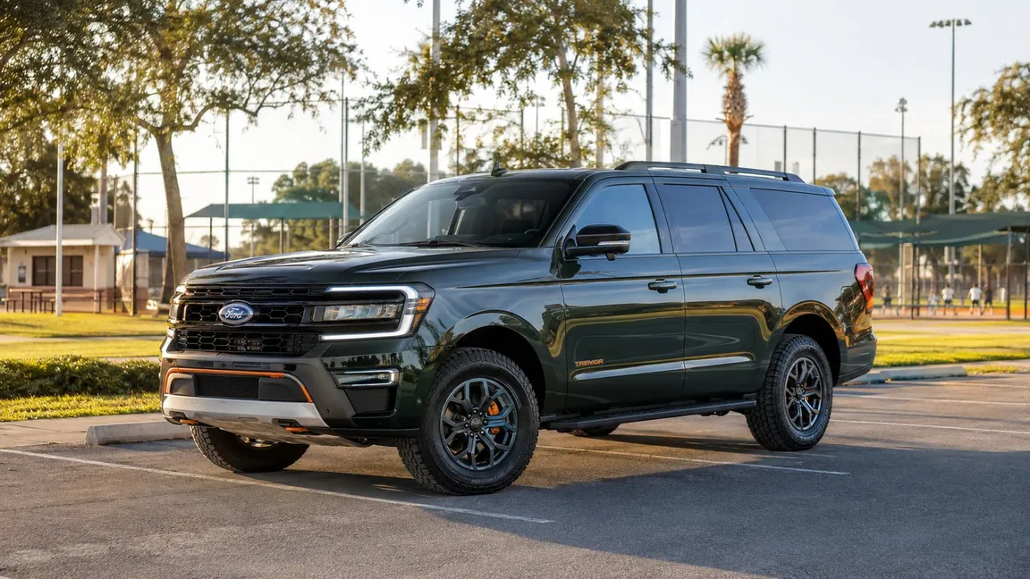 A dark green Ford Expedition family SUV parked at a Florida ball field