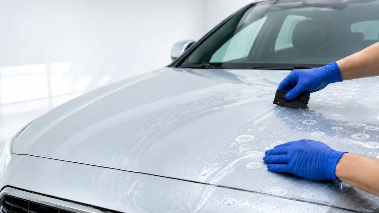 Gloved installer squeegeeing clear paint protection film onto a vehicle's hood