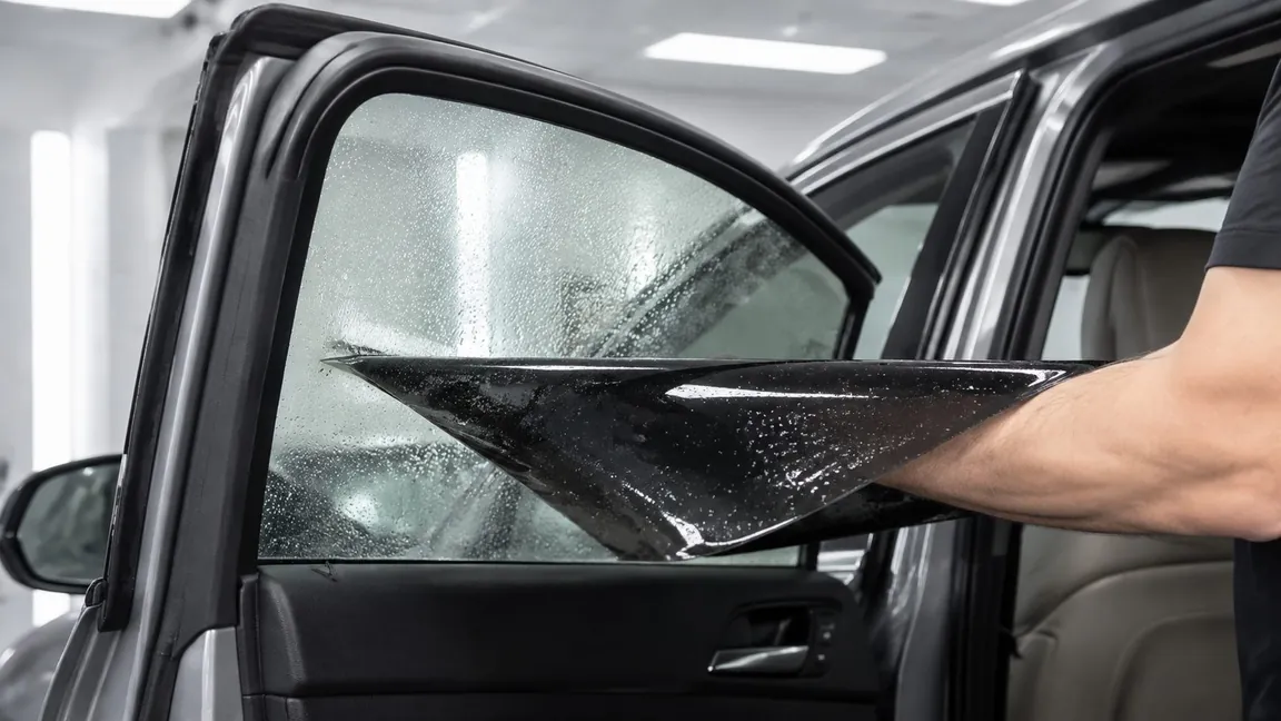 An installer squeegeeing dark tint film onto a car's side window