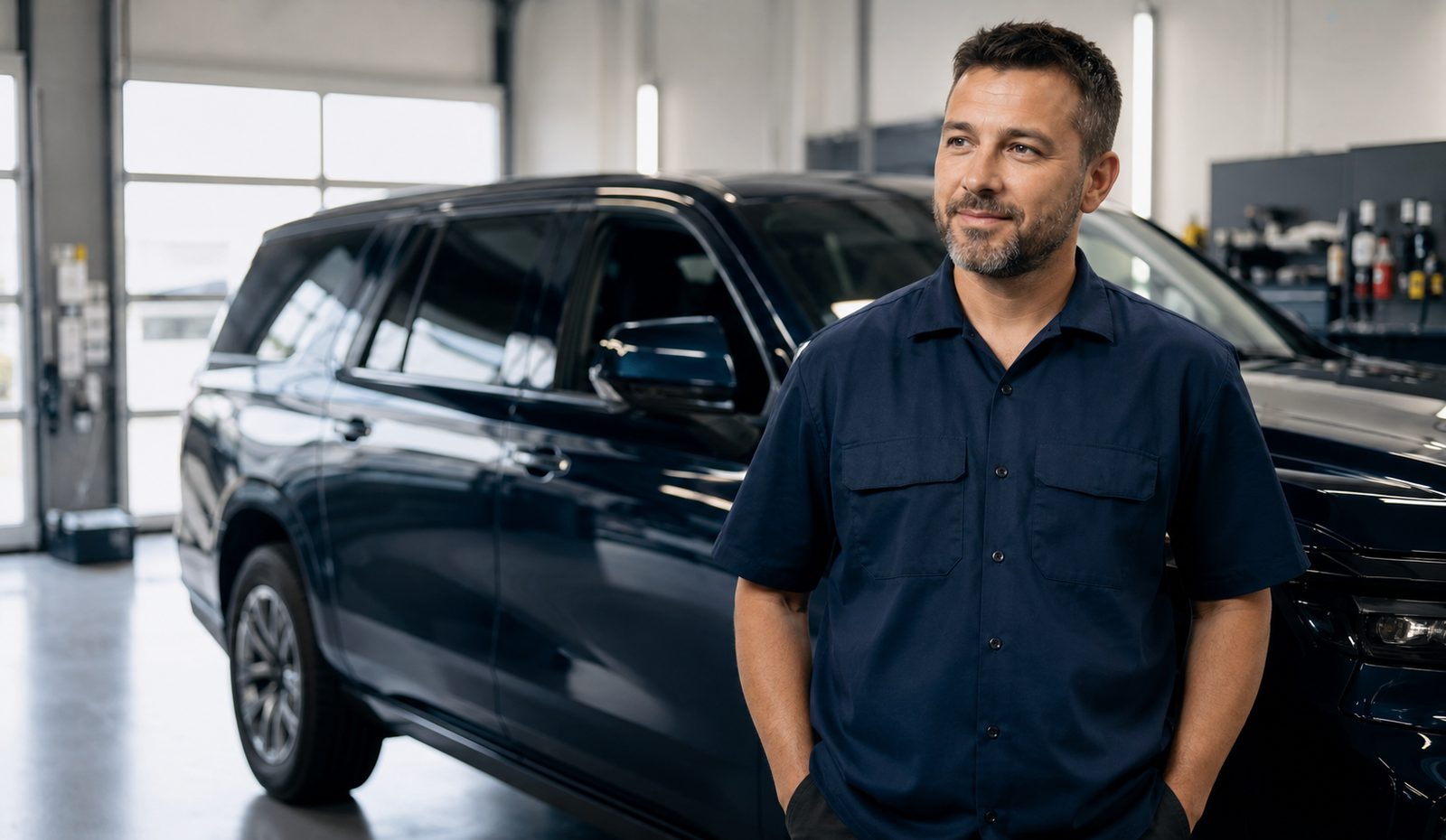 A confident shop owner standing beside a protected SUV in a clean detailing bay